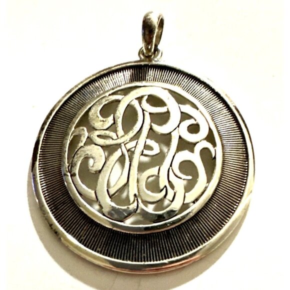 Vintage Ornate Filigree Medallion Pendant Scroll Monogram Design Silver Tone - Picture 1 of 5